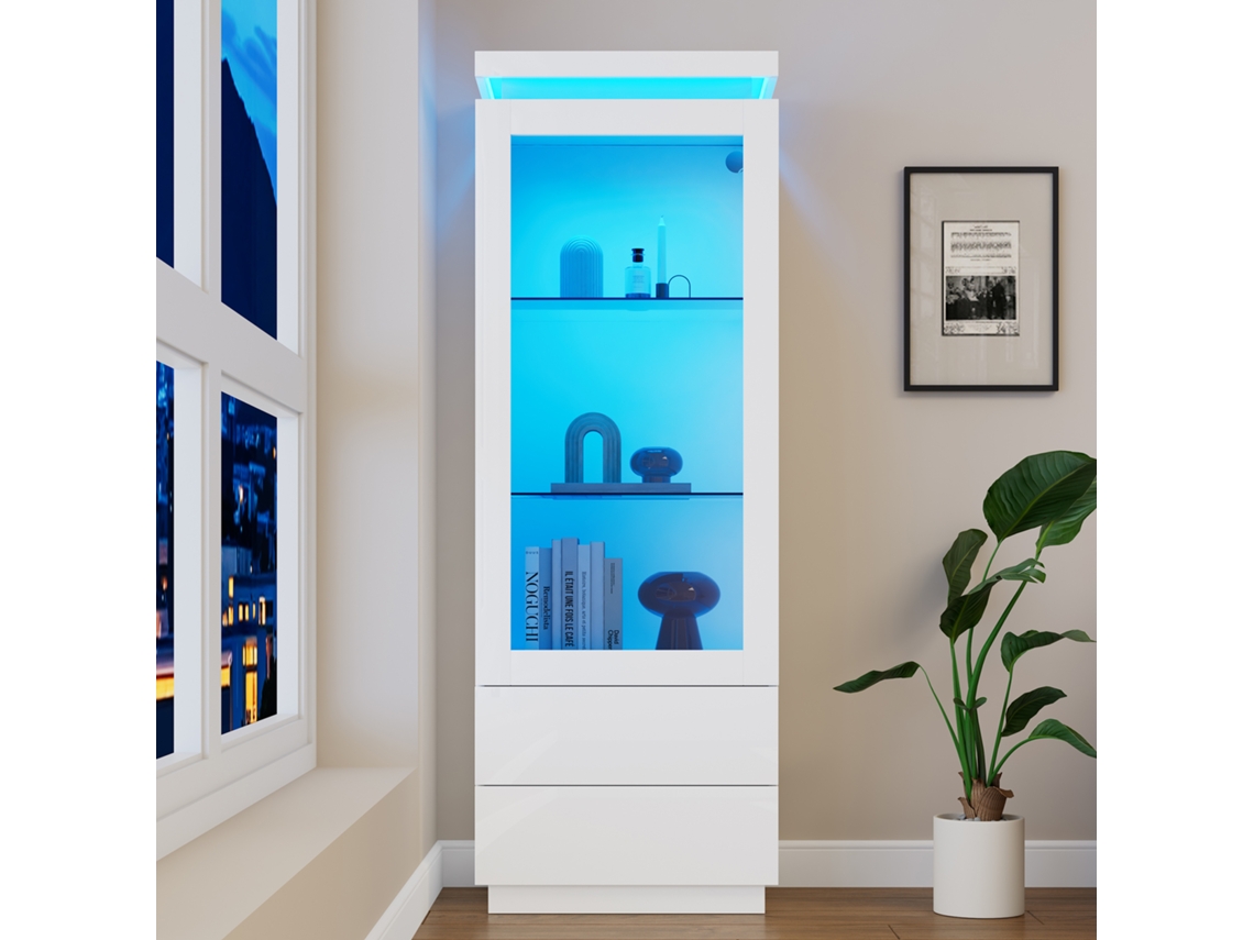Vitrine Hochglanz Weiß 60x40x171cm Mit Led 2 Schubladen Glastüren Klapptür Schrank Standregal Wohnzimmereinrichtung Mega Echo Trade Shop