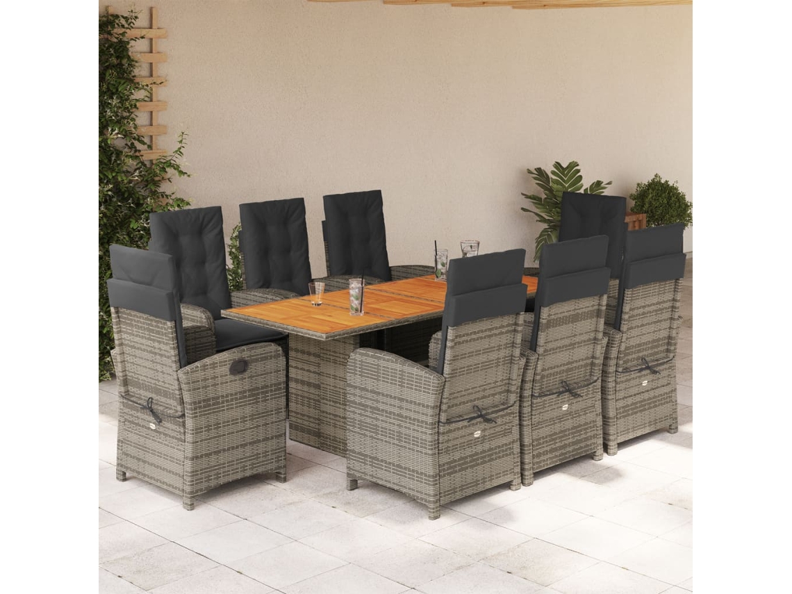 Vidaxl 9 Pcs Conjunto de Jantar P/ Jardim C/ Almofadões Vime Pe Cinza