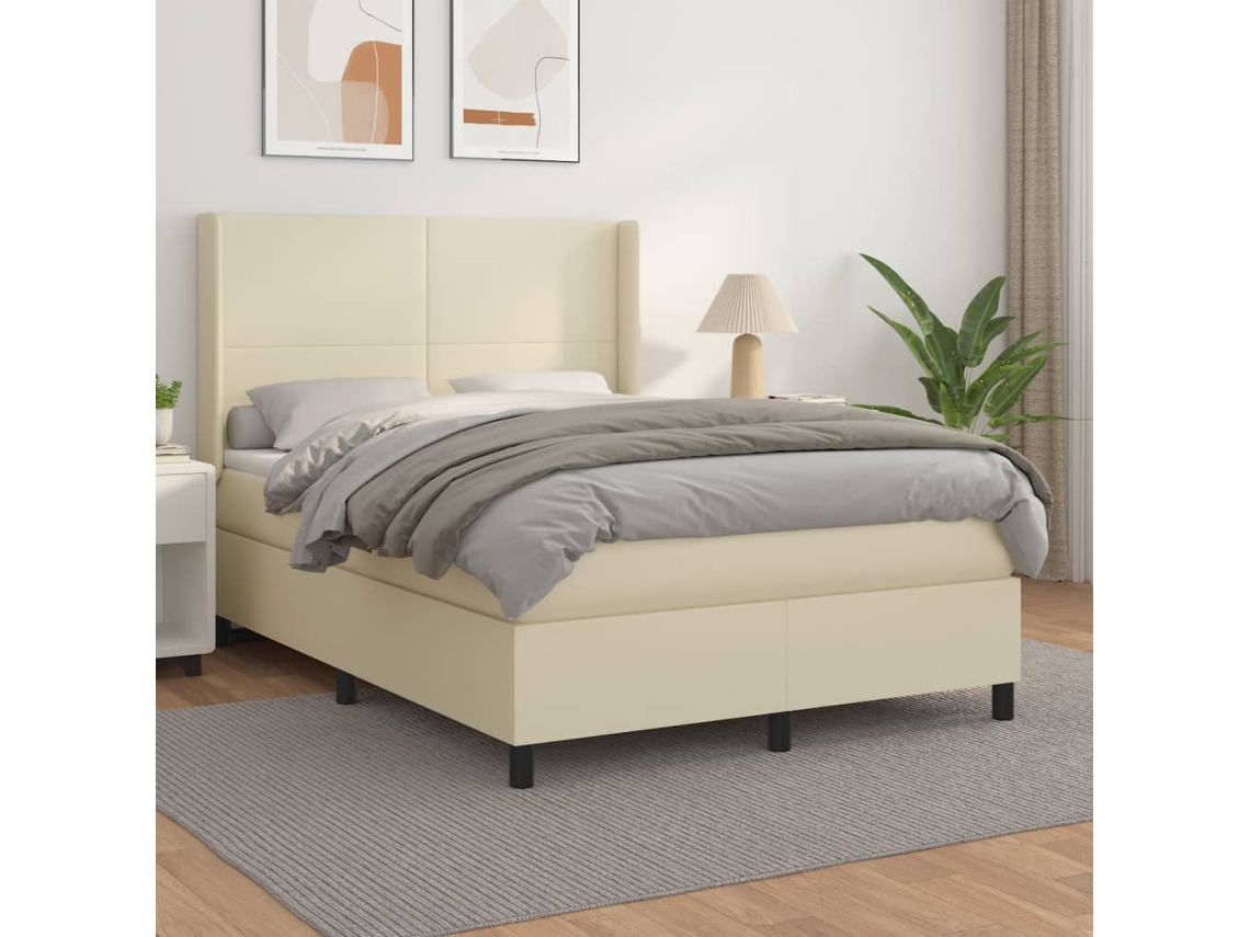 Vidaxl Cama Com Molas/colchão 140x190 Cm Couro Artificial Cor Creme