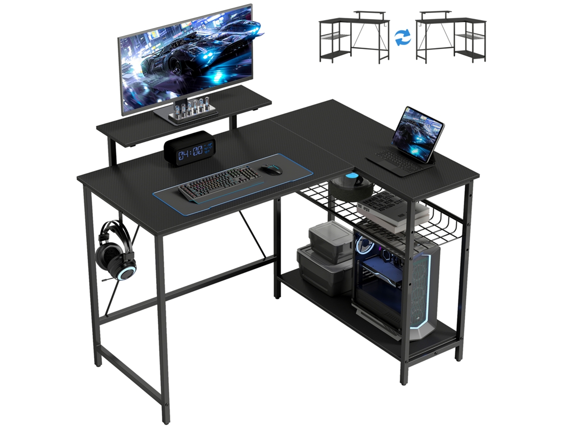 Mesa Gamer Reversível, Mesa Gamer De Canto, Suporte Para Mesa, Caixa De Correio Ajustável, 114,5 X 82 X 91,5 Cm, Preta