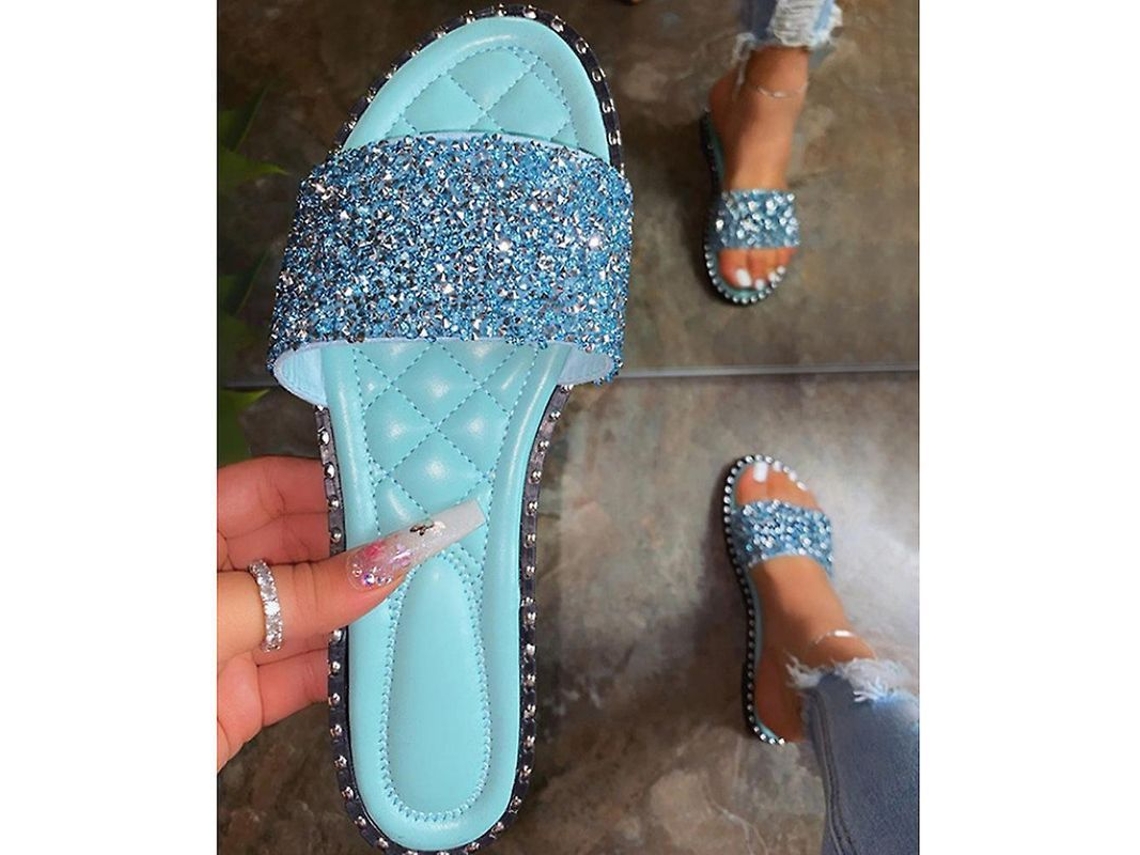 Sandálias Planas Para Mulher Deslizantes Com Brilho Sapatos Casuais Sem Cintas Etiqueta 42 Azul Claro
