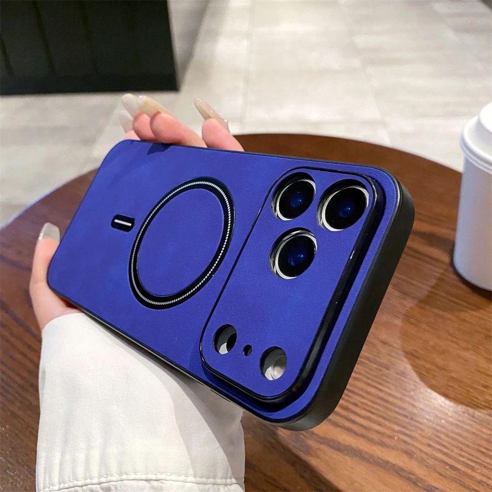Capa Para Celular Em Couro Sintético Estilo Executivo (iphone 16 Plus Azul), Compatível Com Carregamento Sem Fio Magnético Magsafe.