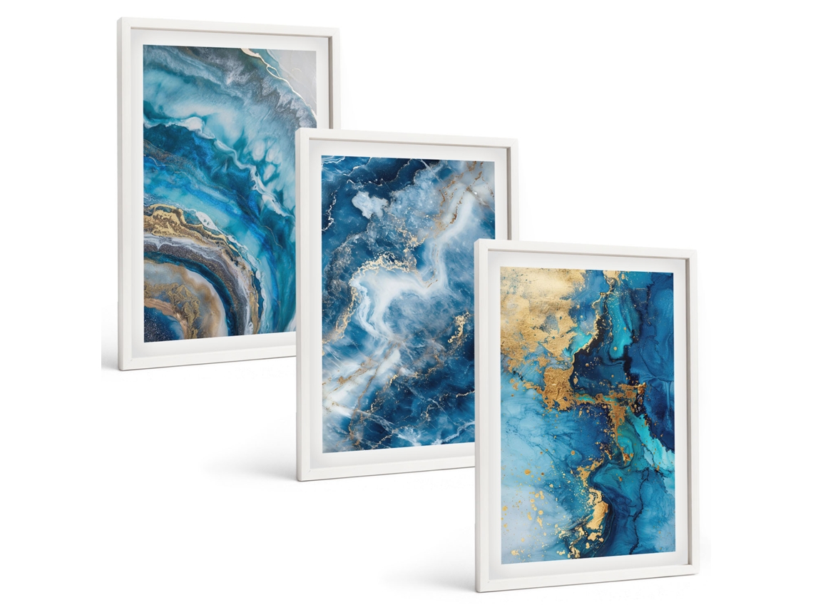 Composição De Quadros Padrões Abstratos Azuis Moldura Branca Pinturas De Quarto Espelharte (3 Piezas De 40x60 Cm)