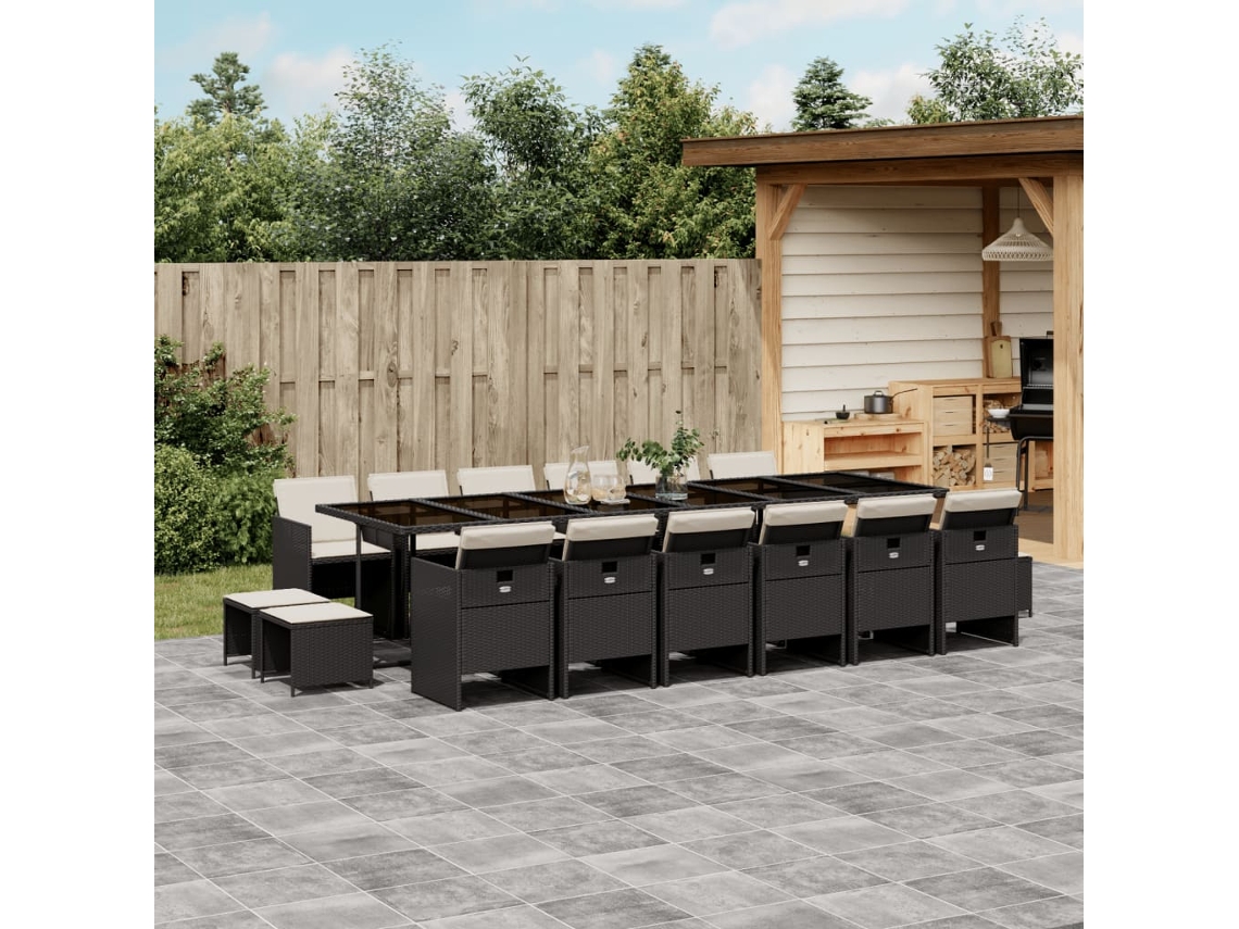 17 Pcs Conjunto De Jantar P/ Jardim C/ Almofadões Vime Pe Preto Dkd Home Decor