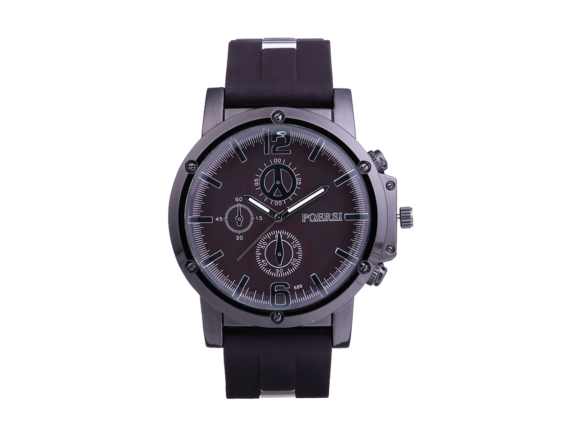 Relógio masculino casual com mostrador redondo, três mostradores, pulseira de silicone, movimento de quartzo, marrom.