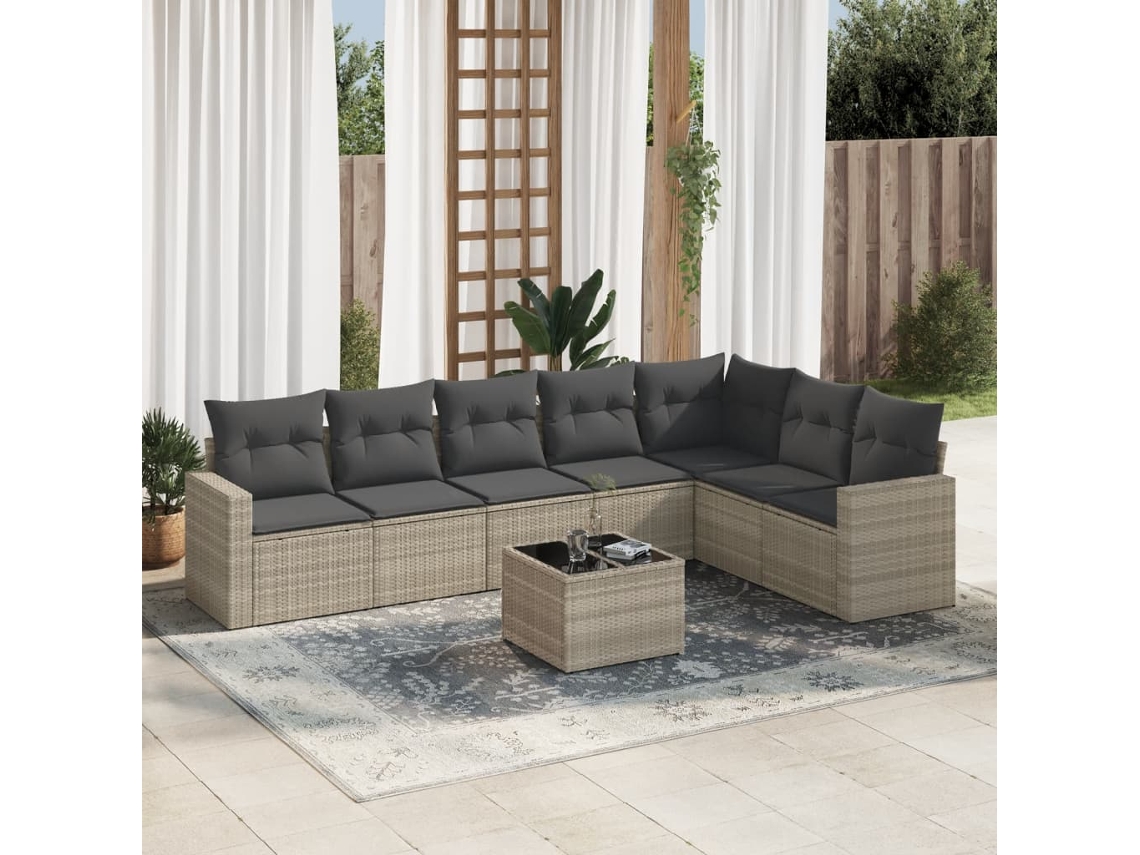 Vidaxl 8 Pcs Conj. Sofás Jardim C/ Almofadões Vime Pe Cinzento-claro