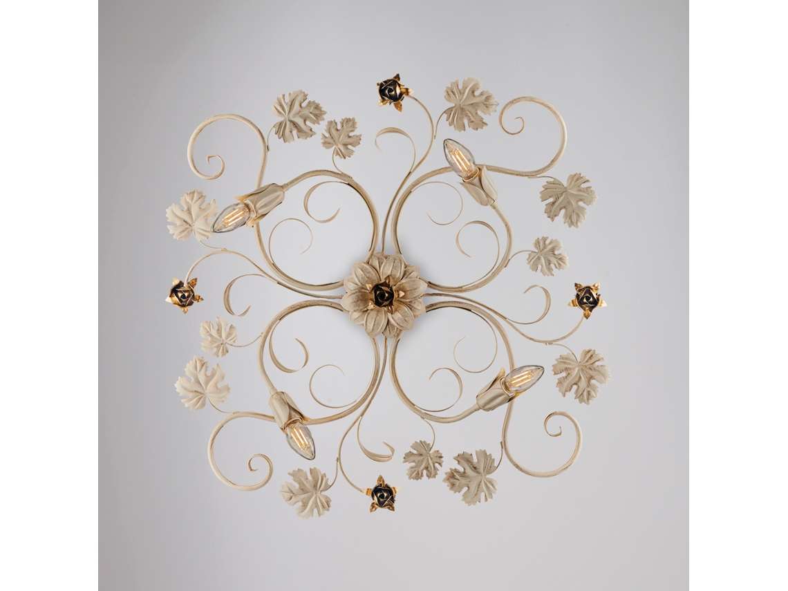 Iris Plafon Em Ferro Lacado Marfim Com Deco Ouro Antigo 4 Luzes H.17 Ø76 Bl169 Pl4 Av Belight