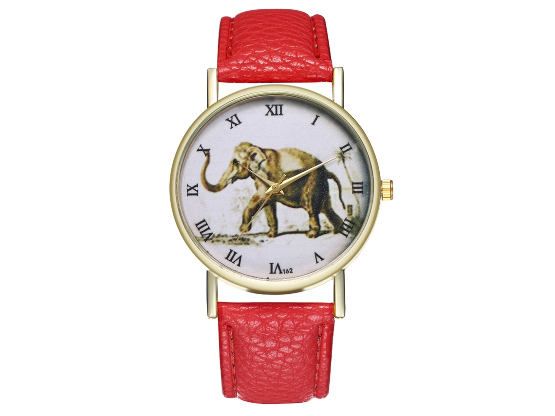 Relógio de pulso vintage com escala romana, pulseira de PU e mostrador com padrão de elefante vermelho.