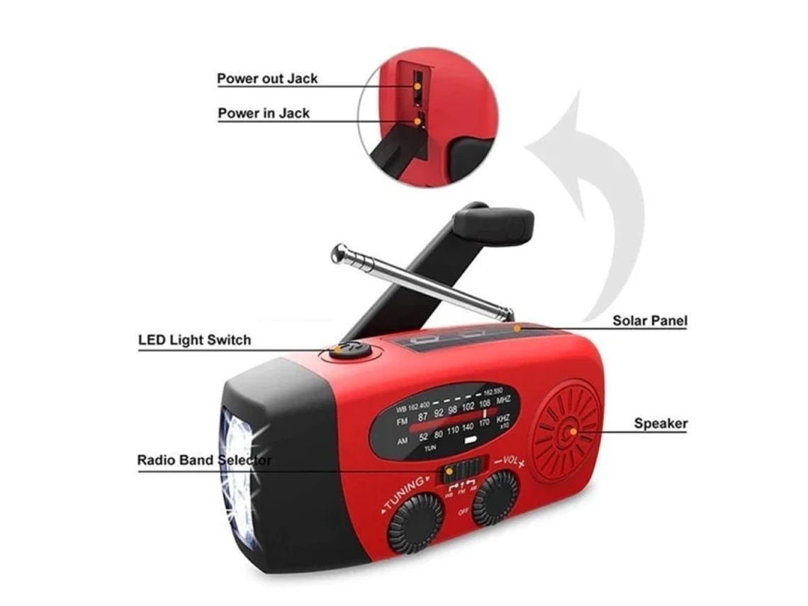 RÁDIO DE MANIVELA AQUAFORGE com célula solar, lanterna, bateria externa de 2000mah, emergência