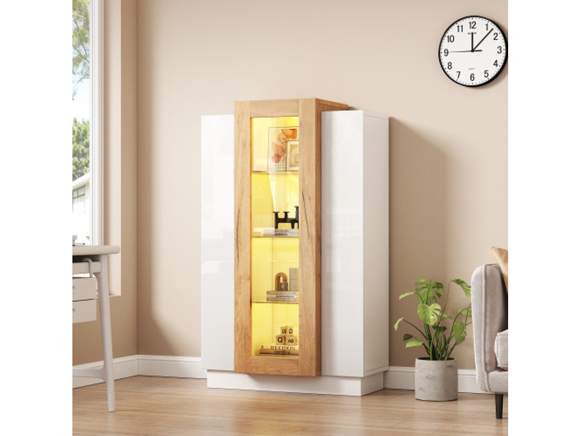 Armário Sala 74×40×120 Cm, Vitrine Alto Brilho Led + 3 Portas Transparentes + Prateleiras Vidro + Gaveta, Independente​