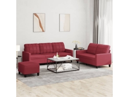 Vidaxl 3 Pcs Conjunto Sofás C/ Almofadões Couro Artif. Vermelho Tinto