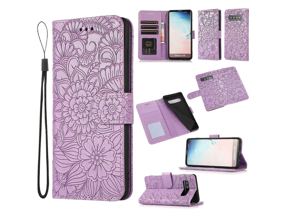 Capa De Couro Com Estampa De Girassol Em Relevo Para Samsung Galaxy S10, Com Suporte, Compartimentos Para Cartões, Carteira E Cordão.