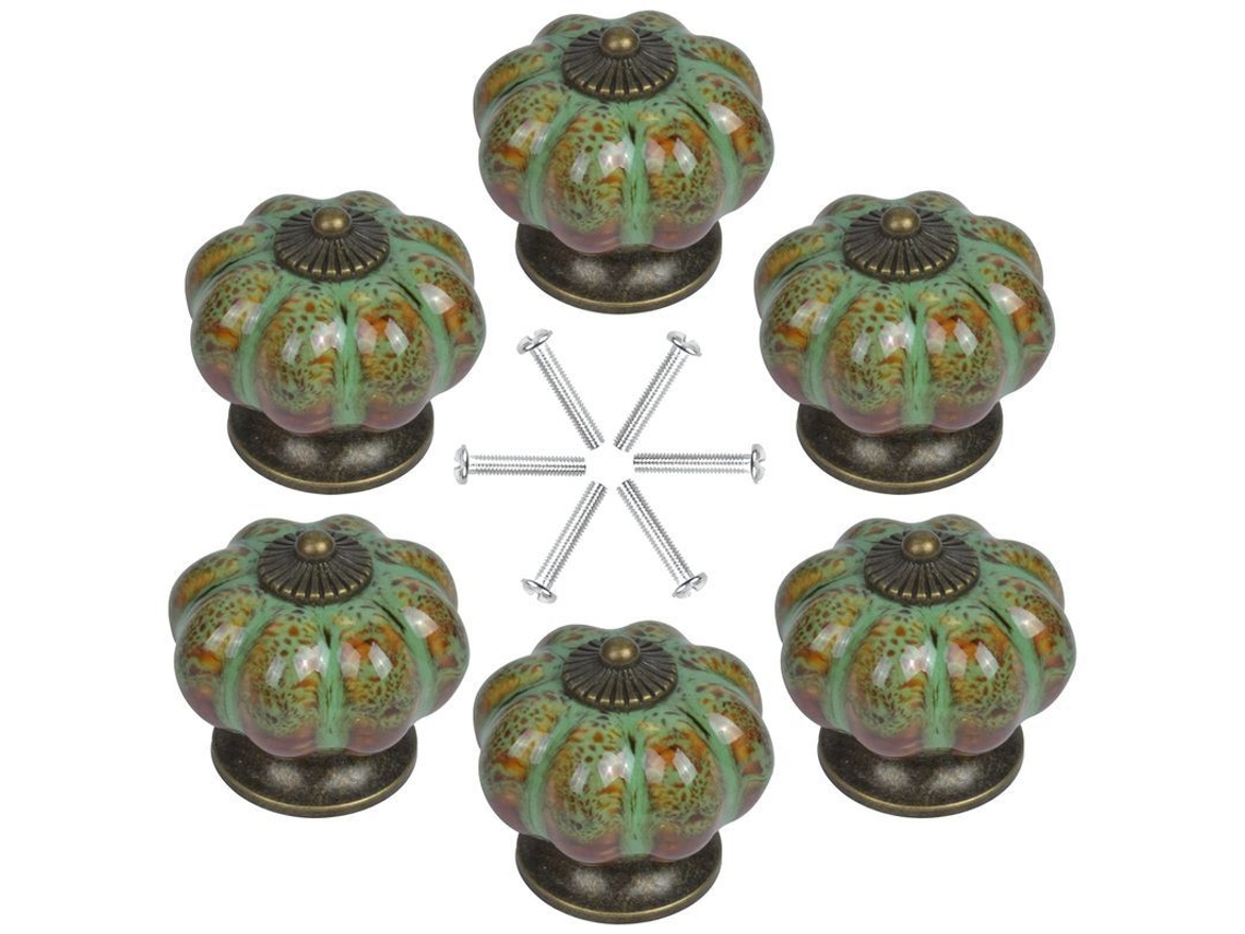 Mango de cerâmica vintage Linjou 6 peças, puxadores de armário verde com detalhes de bronze