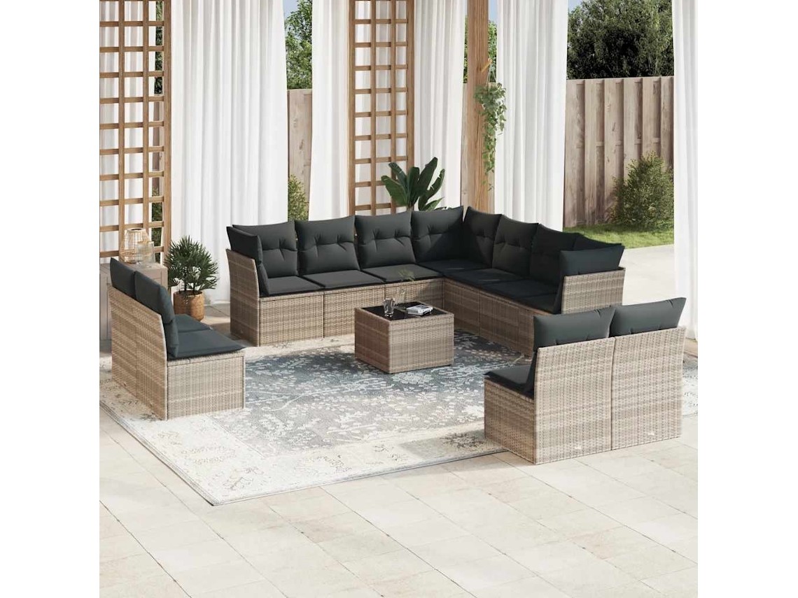 Vidaxl 12 Pcs Conj. Sofás Jardim Com Almofadões Vime Pe Cinzento-claro