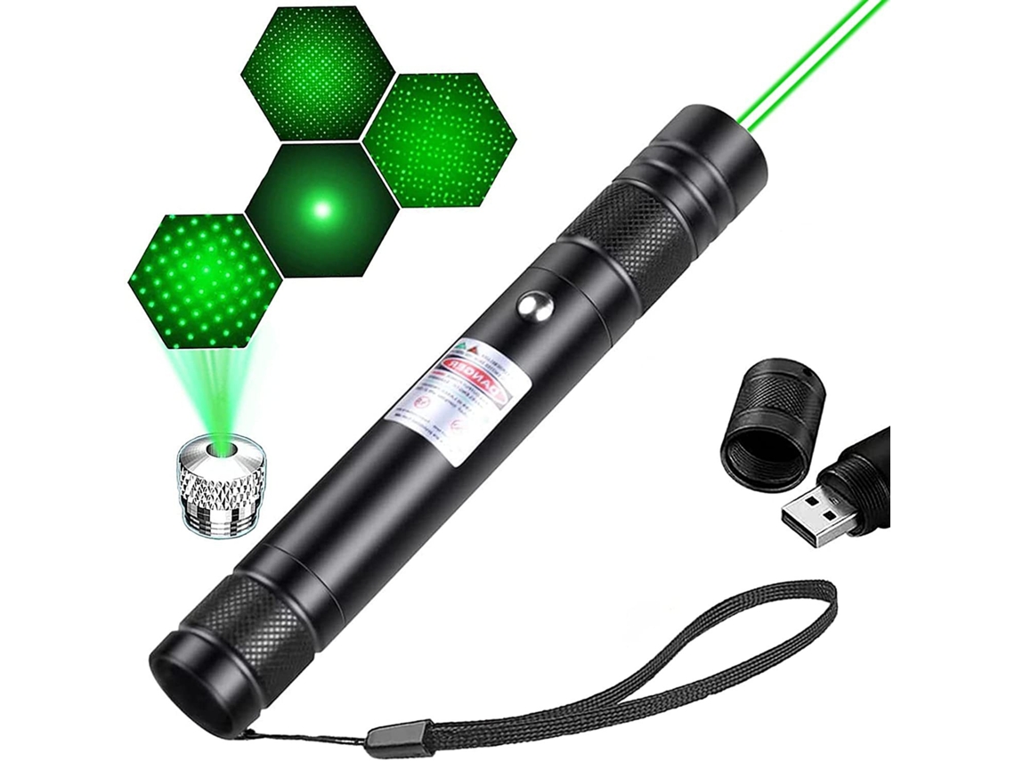 Ponteiro Laser Verde de Alta Potência com Tampa em Forma de Estrela Amovível e Porta Usb Recarregável Integrada Preto HEXINYIGJLY