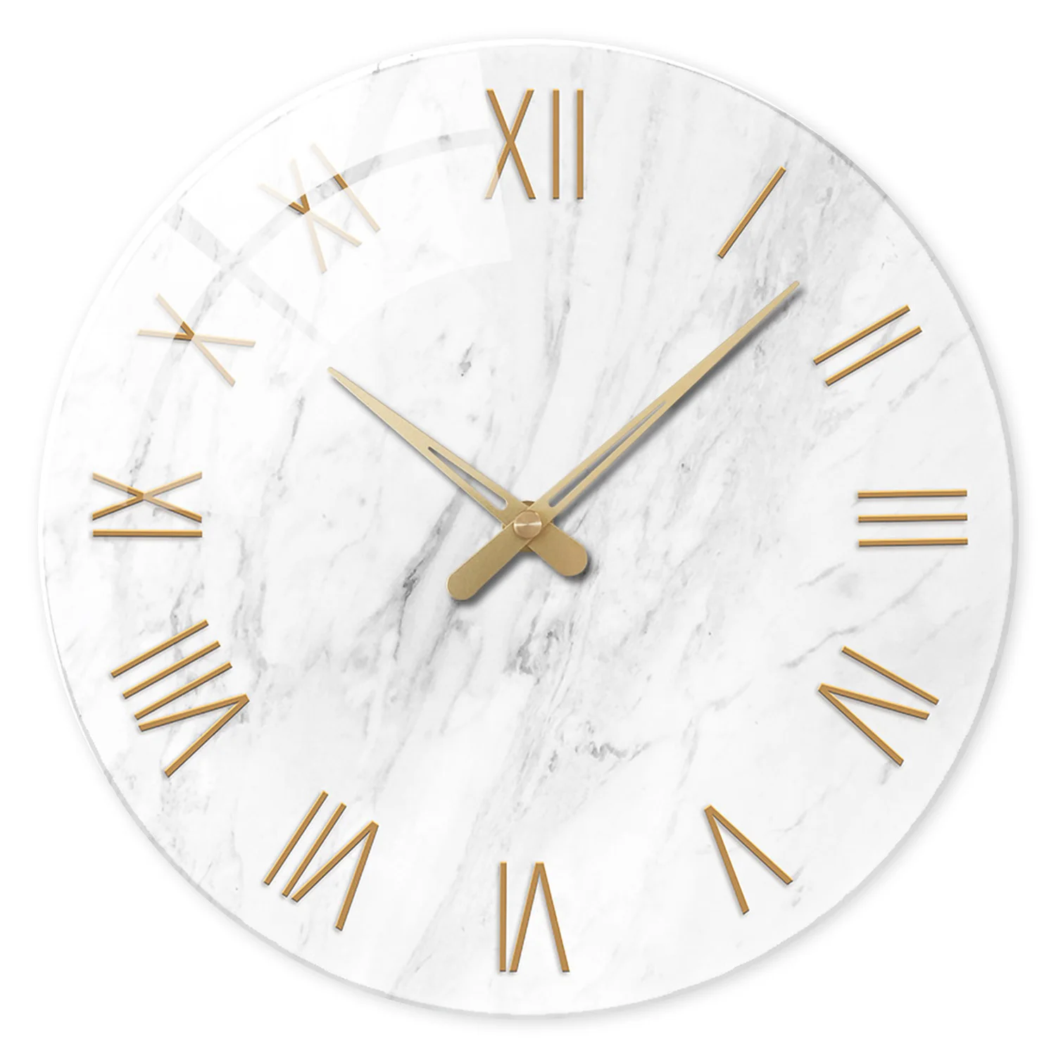 Relógio De Parede De Vidro Temperado (14 Polegadas), Design Moderno E Minimalista Com Textura De Mármore Branco E Numerais Romanos Dourados.