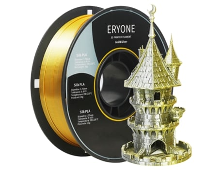Filamento Pla de Seda de Duas Cores para Impressoras 3D ERYONE Tolerância de 1.75 Mm /- 0.03 Mm 1Kg 2.2Lbs/Carretel Dourado e Cinza