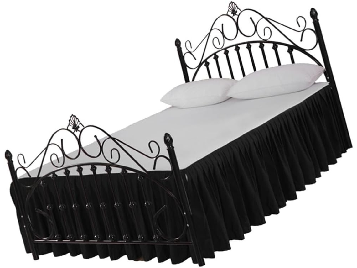 Saia De Cama Plissada Com Fecho De Zíper E Babado Elegante, Preta, Algodão E Poliéster.