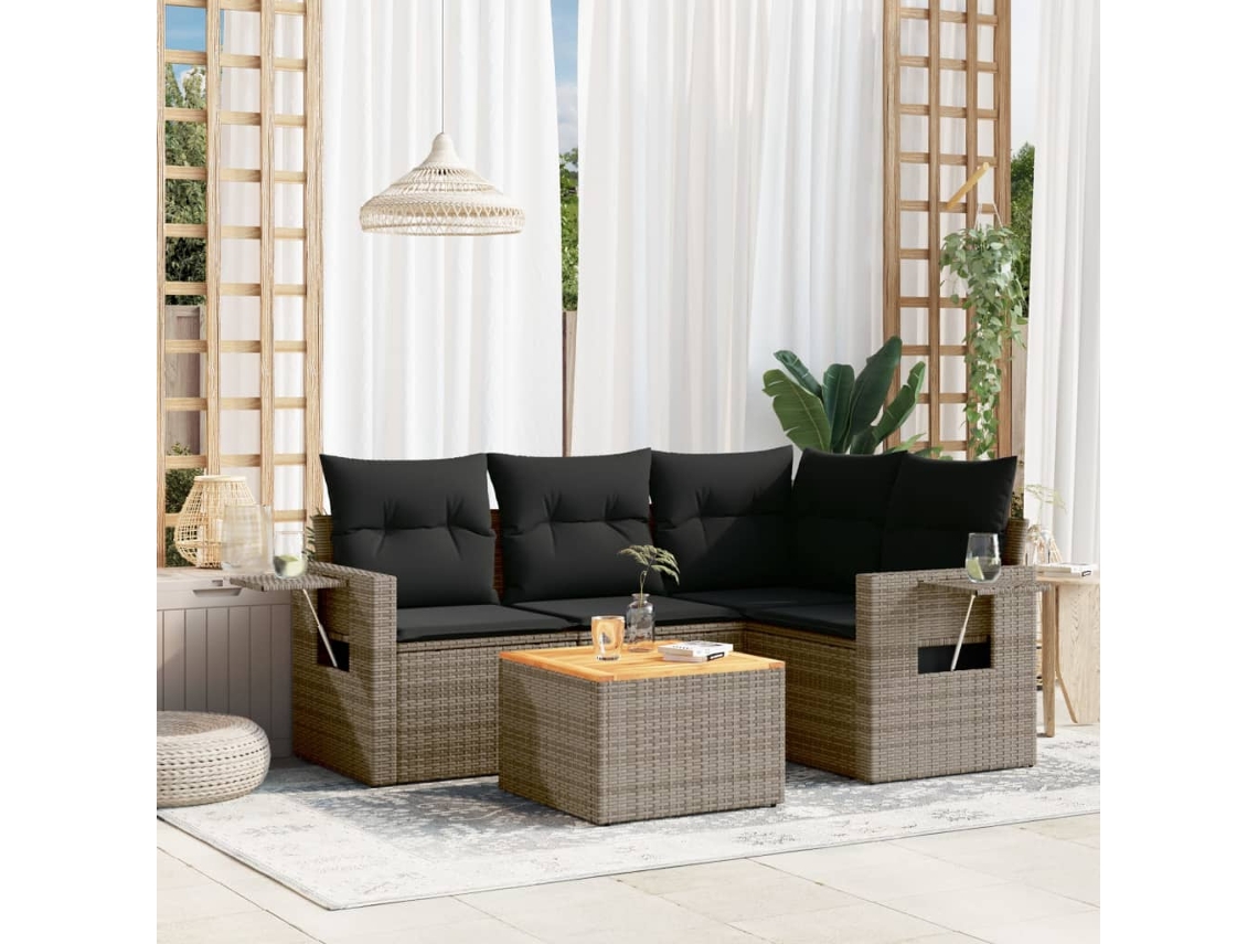 Vidaxl 5 Pcs Conjunto Sofás De Jardim C/ Almofadões Vime Pe Cinzento
