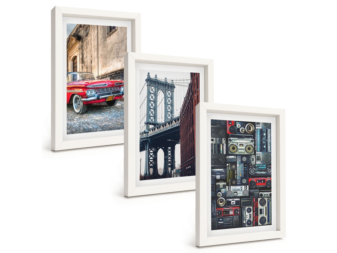 Conjunto De Pinturas Carro Antigo, Ponte Do Brooklyn, Áudio Retrô Moldura Branca Quadros Para A Sala De Estar Espelharte (3 Peças 20x30 Cm)