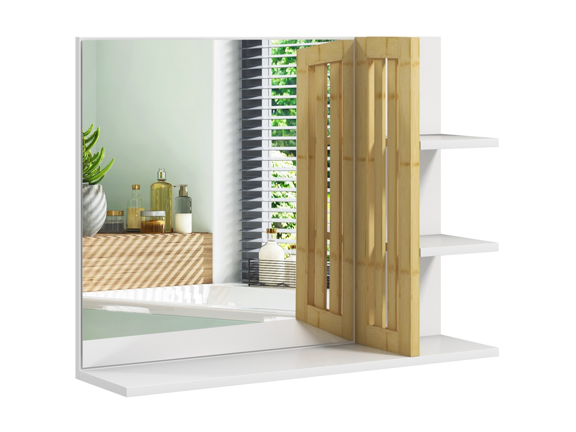 Espelho de Parede do Banheiro com 3 Prateleiras Laterais, 1 Prateleira Inferior de Bambu, 45 X 15 X 58,5 Cm Branco Cs