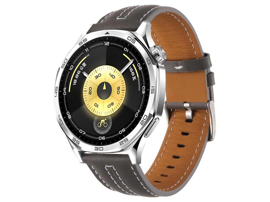 Bracelete Para Huawei Watch Gt 6 (46mm) - Couro - Costura Bicolor - Fivela Prateada (22mm) Cinza