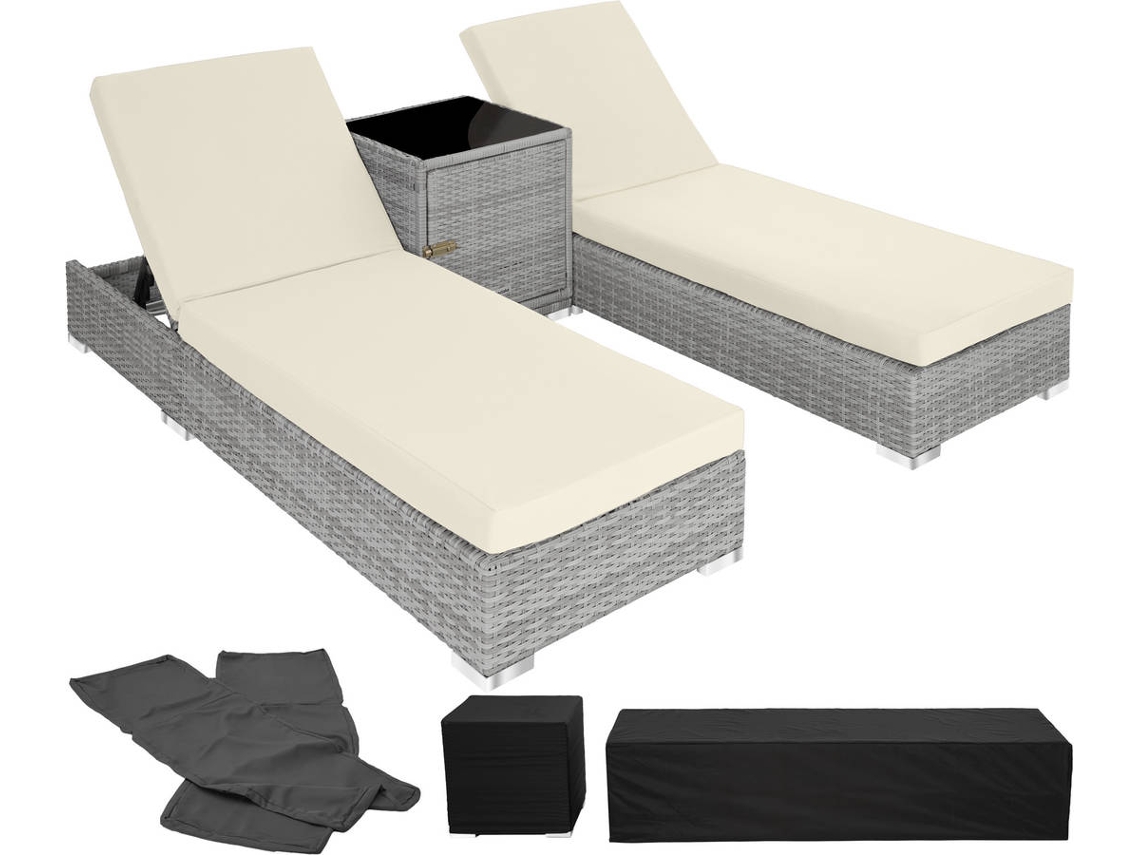 Conjunto De 2 Espreguiçadeiras E Mesa Em Rattan Sintético E Alumínio Tectake  Ajustável, Capas Intercambiáveis, Cinzento Claro