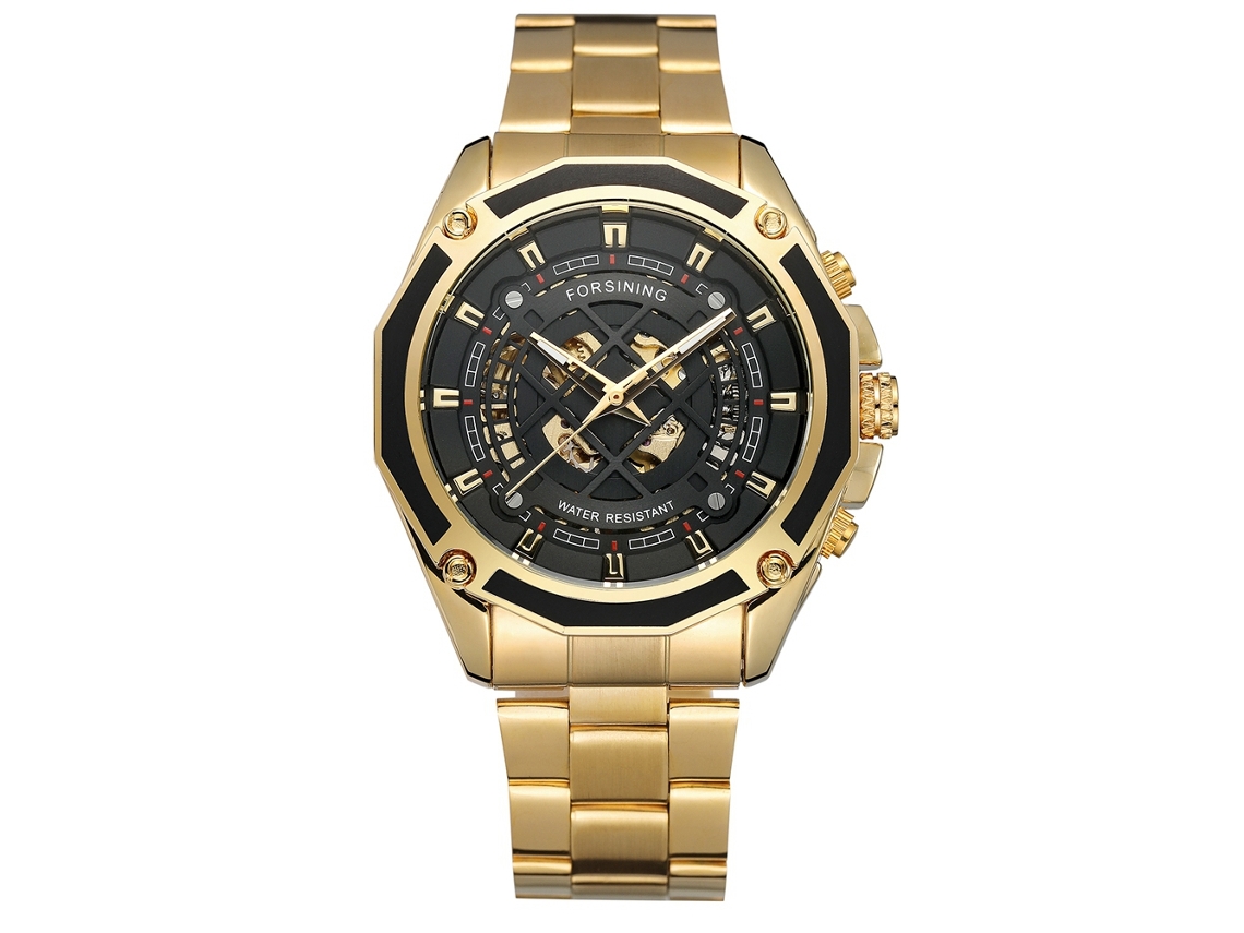 Relógio mecânico automático masculino Forsining, modelo Geometric Hollow (mostrador preto, pulseira dourada)