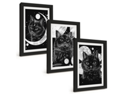 Galeria De Pinturas Murais Gatos Pretos, Lua, Espaço Moldura Preta Fotos Para O Escritório Espelharte (3 Peças 20x30 Cm)