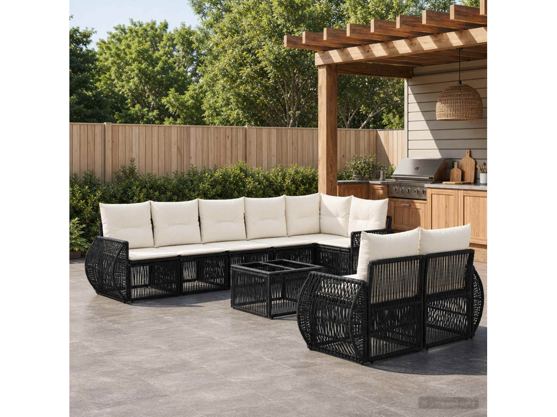 Vidaxl Conjunto De Sofá De Jardim 9 Unid. Preto E Branco Creme Vime Pe