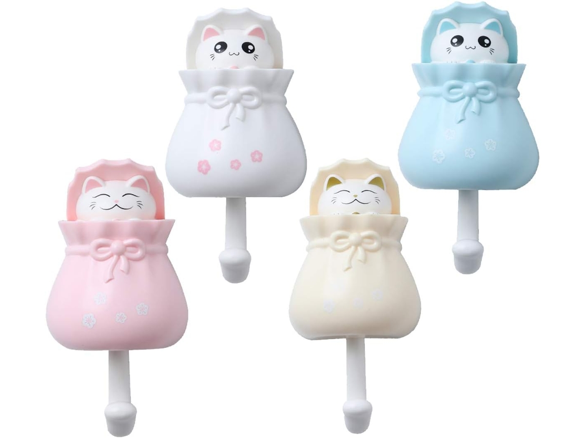 Conjunto de 4 Ganchos Autoadesivos Infantis em Formato Gato para Toalhas e Decoração Parede com Animais BRILVIBERA