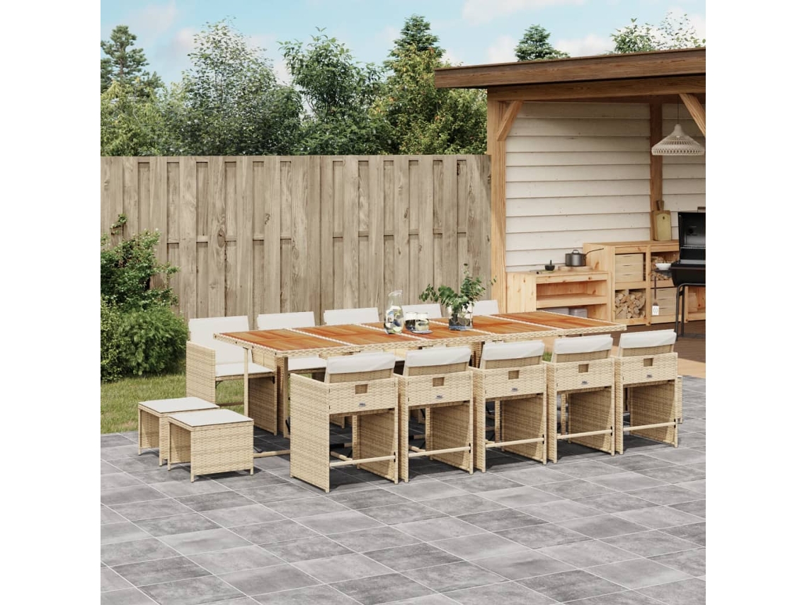 15 Pcs Conjunto De Jantar P/ Jardim Com Almofadões Vime Pe Bege Dkd Home Decor