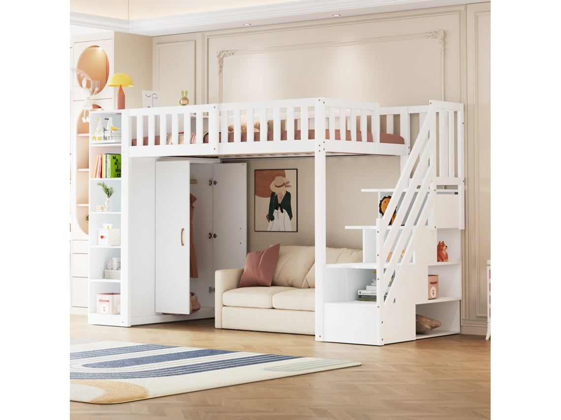 Cama Elevada Multiuso Com Estante E Guarda-roupa Na Cor Branca 90x200cm