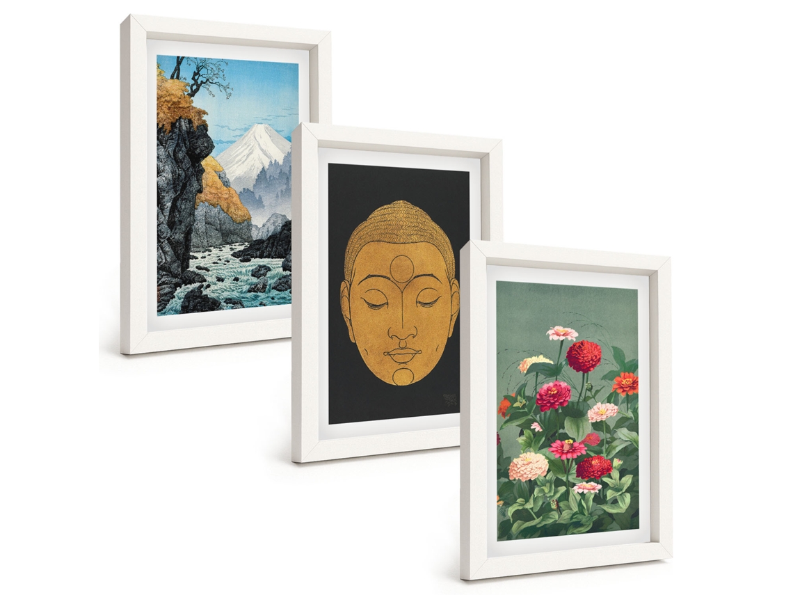 Composição De Quadros Natureza Japonesa, Cultura, Japandi Moldura Branca Imagens Para Um Quarto Infantil Espelharte (3 Peças 20x30 Cm)