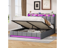 Cama Casal Grande 160x200cm Cinza Linho Com Arrumação Hidráulica, Cabeceira Led Rgb E Carregamento Usb/type-c Premium Design