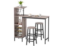 Conjunto de Mesa de Bar com Armazenamento, 2 Bancos, Cabides para Vinhos, Porta copos, para Espaços Pequenos, Cinza MARCA