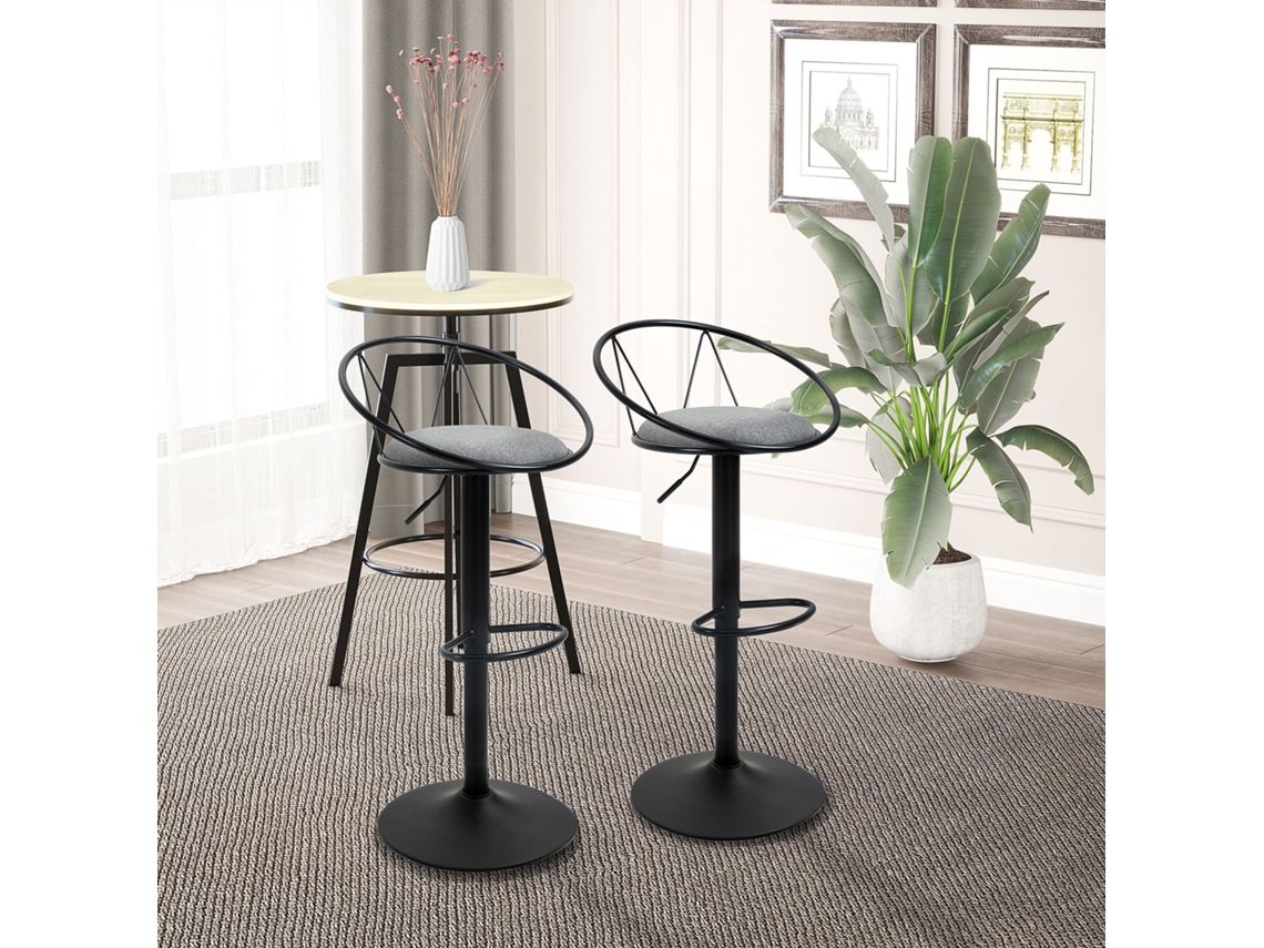 Conjunto De 2 Banquetas Com Encosto E Apoio Para Pés, Altura Ajustável, Assento Acolchoado, Cinza
