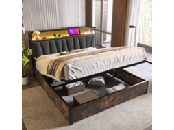 Cama Com Baú 180x200 Cm Em Tecido De Linho - Com Led, Portas De Carregamento E Estrado De Ripas - Cinzento