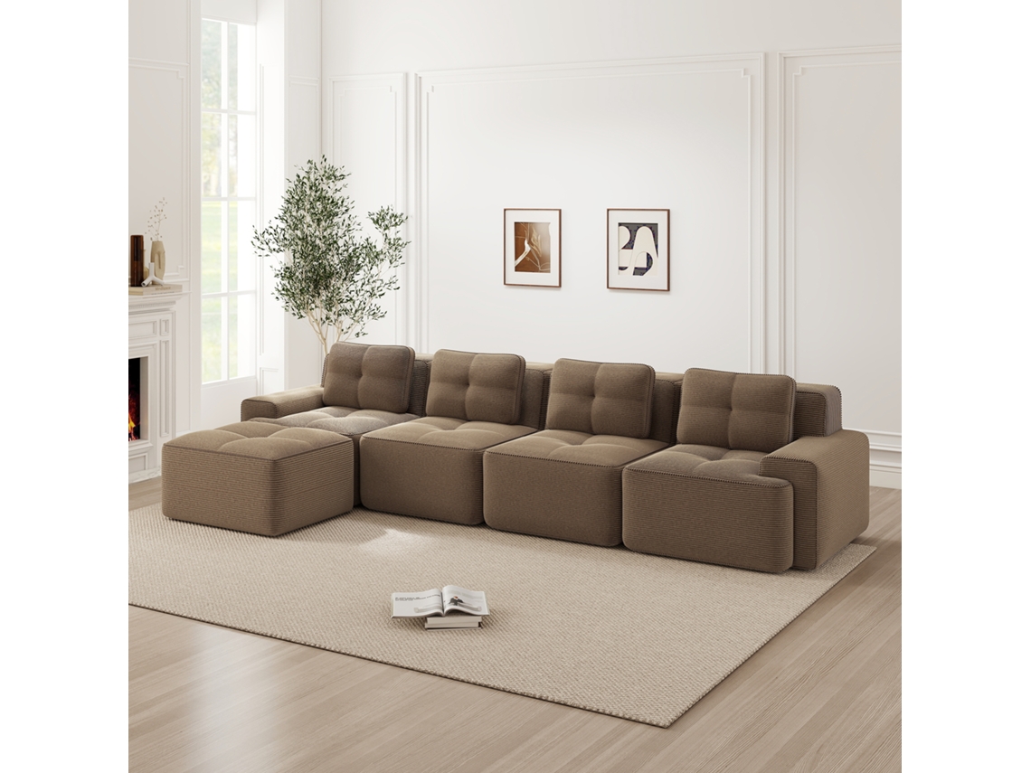 Sofá Modular 4 Lugares Boneless, Chaise Longue L, Assento Profundo, Antiderrapante Castanho MOBRIO