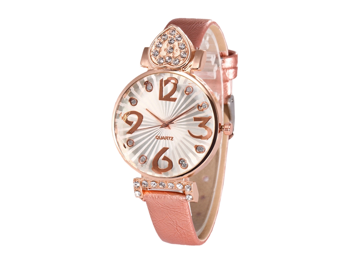 Relógio de Pulso Feminino de Couro Pu com Decoração de Strass e Liga Rosa