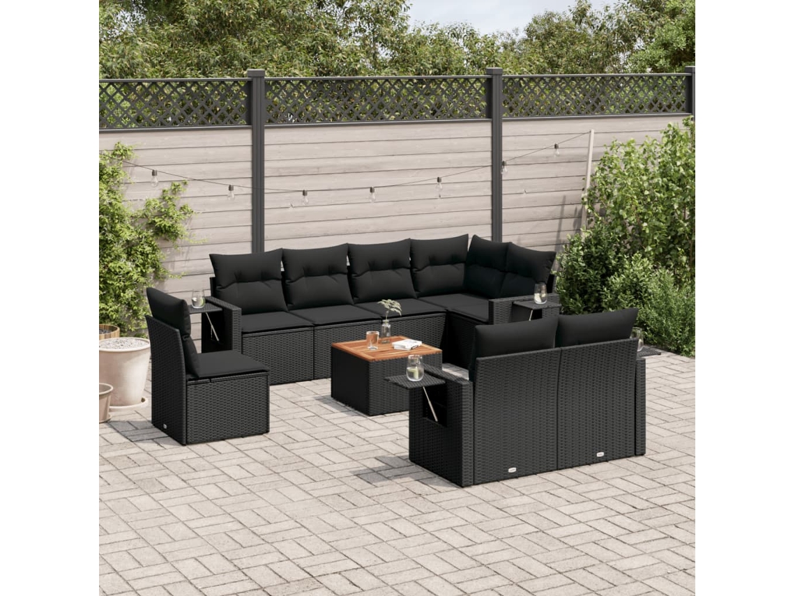 Jogo de Sofá 9 Peças P/ Jardim C/ Almofadões Vime Pe Preto Dkd Home Decor