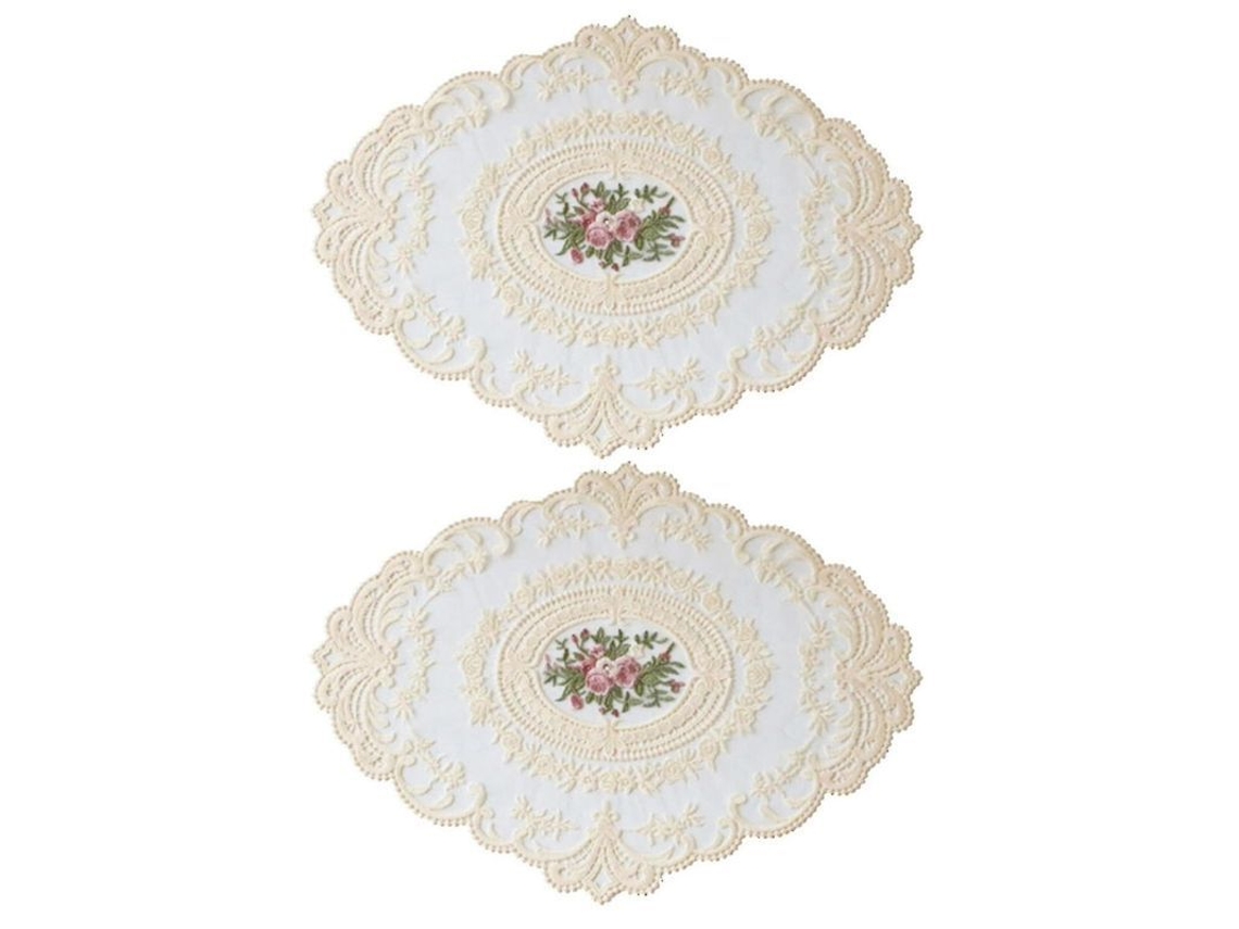 Mantel De Mesa De Encaje Bordado Ovalado 2 Piezas Ecológico 37x29cm Color Beige Estilo Europeo