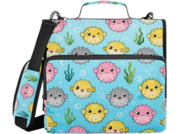 Organizador de 3 argolas com pasta para data, armazenamento e diversos bolsos, tema peixe pufe, ideal para ensino médio.