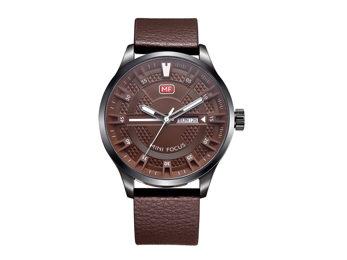 Relógio de pulso masculino Mini Focus analógico de quartzo com pulseira de couro à prova d'água, marrom.