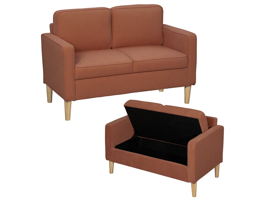 Sofá 2 lugares PONTO CASA, apoios de braço, base de madeira, 117x63x79 cm, laranja