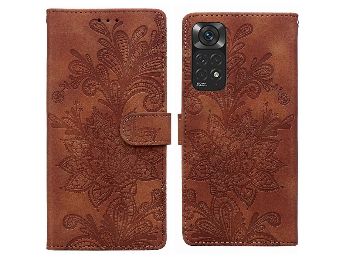 Capa De Celular Em Pu Com Fecho Magnético, Estampa Floral Em Relevo De Renda E Alça De Pulso Para Redmi Note 11 Global.