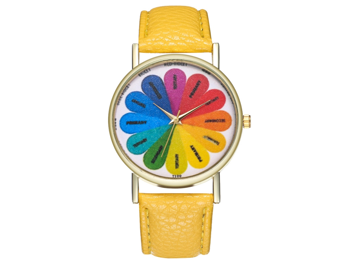 Relógio feminino casual de quartzo com pulseira de couro PU amarela.