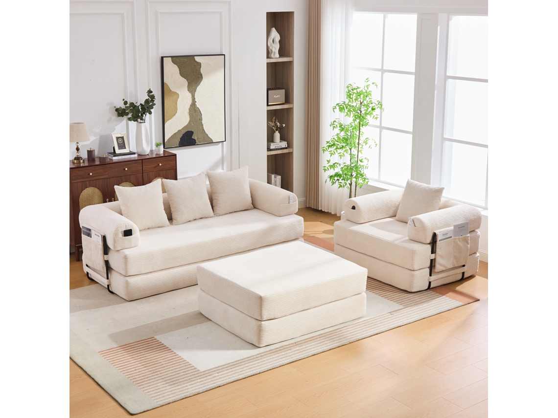 Cómoda com 3 gavetas em tecido, estrutura de bambu, para espaços pequenos, creme e natural PENGJIANG SHOP