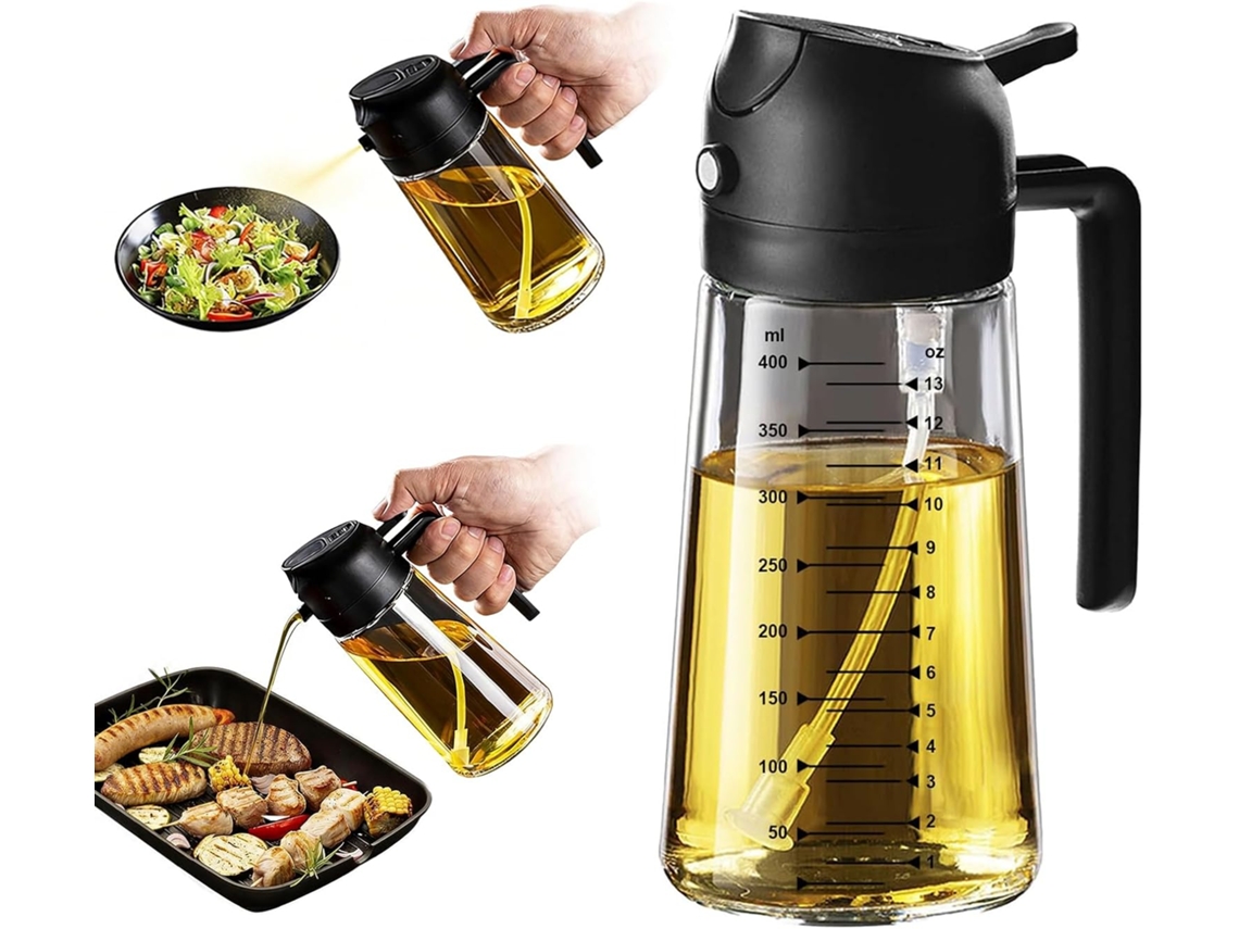 Dispensador Azeite 2 Em 1 – Pulverizador Óleo – Com Graduação – 471 Ml – Cozinha – Plástico – Preto Transparente