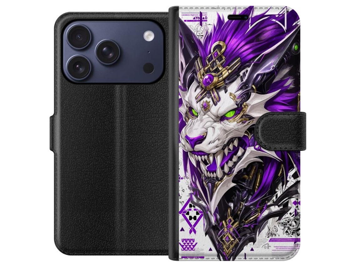 Capa Carteira Compatível Com Apple Iphone 17 Pro. Lobo Cibernético Detalhado Em Roxo E Neon Com Elementos Futuristas E Design De Cores Intensas.